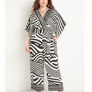 Eloquii Combo Scarf Print Jumpsuit - Black and White